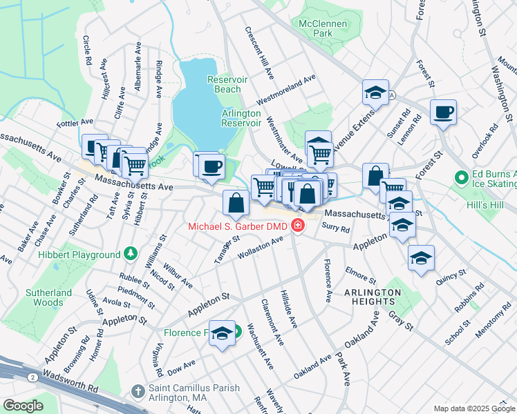 map of restaurants, bars, coffee shops, grocery stores, and more near 1406 Massachusetts Avenue in Arlington