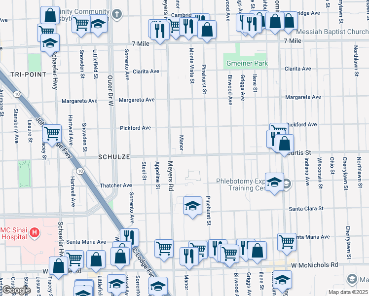 map of restaurants, bars, coffee shops, grocery stores, and more near 18228 Manor in Detroit