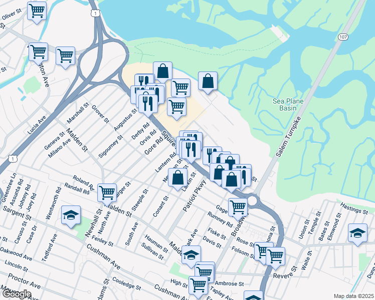 map of restaurants, bars, coffee shops, grocery stores, and more near 185 Massachusetts 60 in Revere