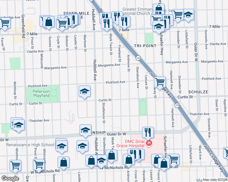 map of restaurants, bars, coffee shops, grocery stores, and more near 18260 Mark Twain Street in Detroit