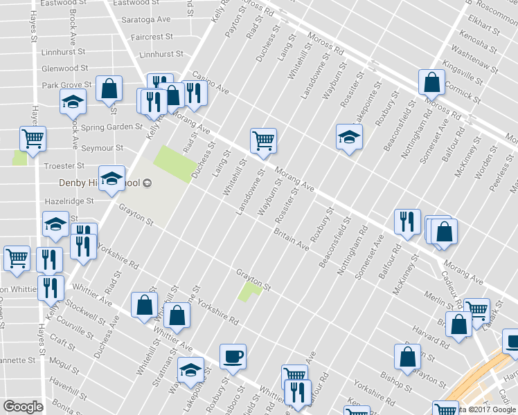 map of restaurants, bars, coffee shops, grocery stores, and more near 11637 Wayburn Street in Detroit
