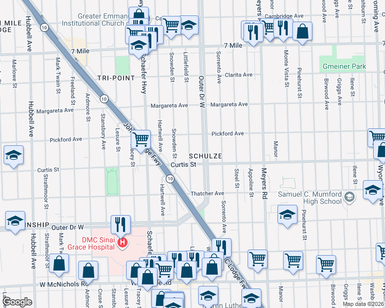map of restaurants, bars, coffee shops, grocery stores, and more near 18236 Littlefield Street in Detroit