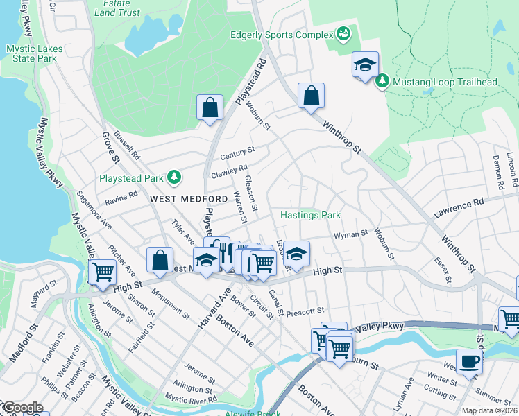 map of restaurants, bars, coffee shops, grocery stores, and more near 11 Gleason Street in Medford