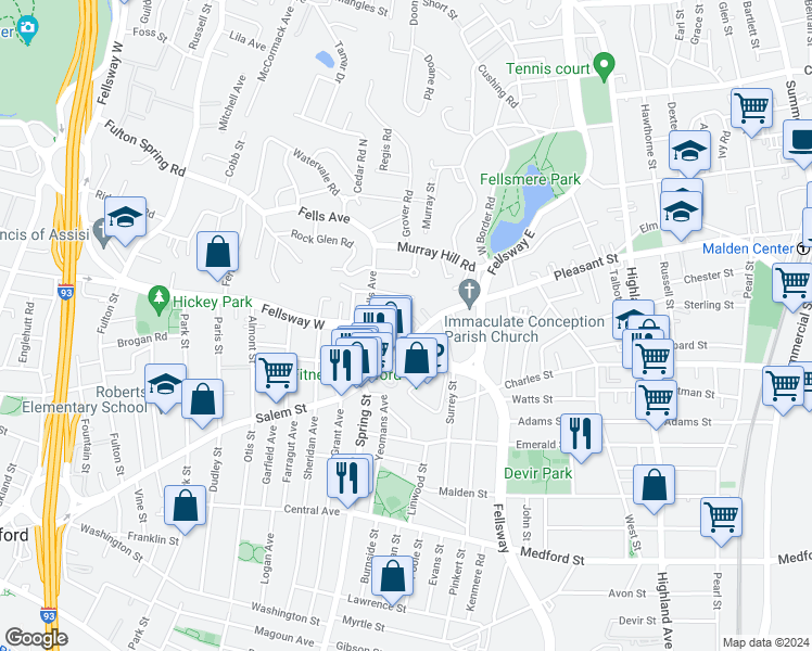 map of restaurants, bars, coffee shops, grocery stores, and more near 85 Fellsway West in Medford