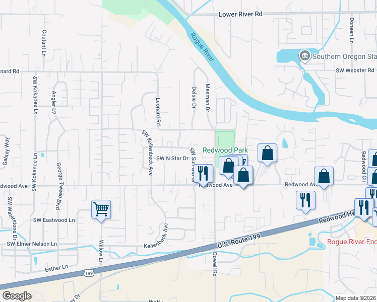 map of restaurants, bars, coffee shops, grocery stores, and more near 1358 Southwest Sun Glo Drive in Grants Pass