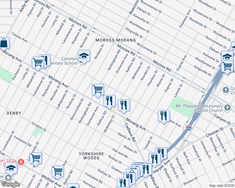 map of restaurants, bars, coffee shops, grocery stores, and more near 11216 Balfour Road in Detroit