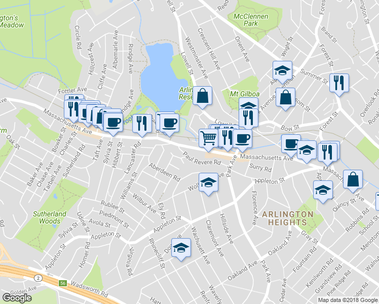 map of restaurants, bars, coffee shops, grocery stores, and more near 1422-1424 Massachusetts Avenue in Arlington