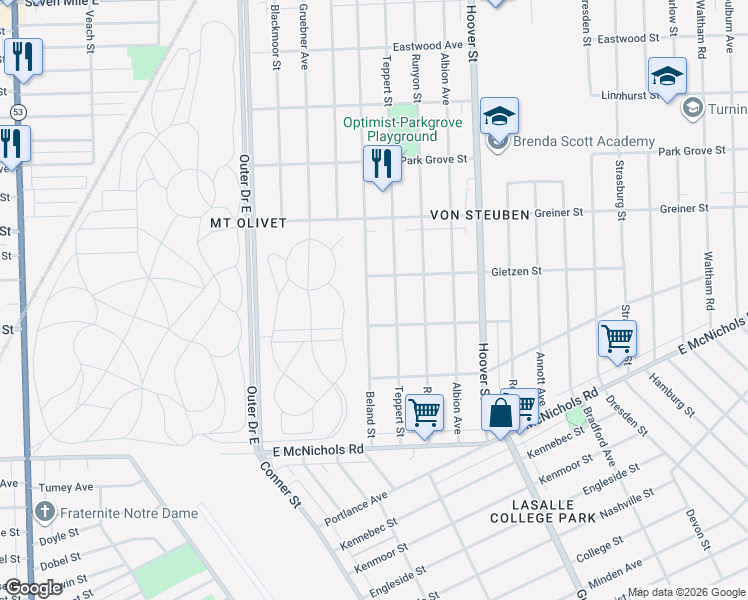 map of restaurants, bars, coffee shops, grocery stores, and more near 17650 Beland Street in Detroit