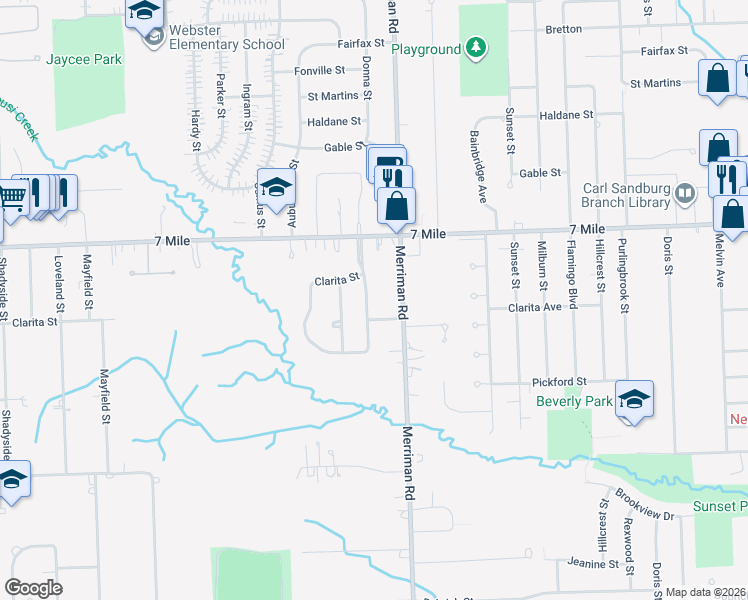 map of restaurants, bars, coffee shops, grocery stores, and more near 18866 Canterbury Drive in Livonia
