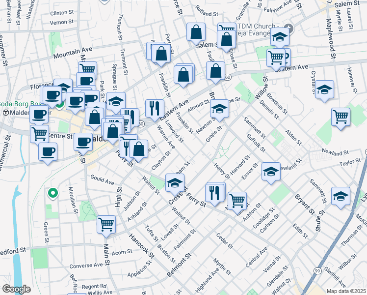 map of restaurants, bars, coffee shops, grocery stores, and more near 78 Linwood Street in Malden