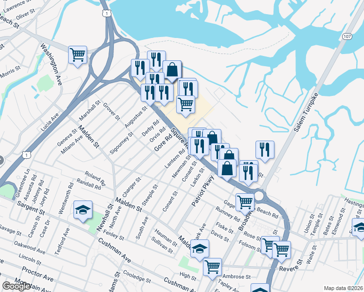 map of restaurants, bars, coffee shops, grocery stores, and more near 220 Squire Road in Revere