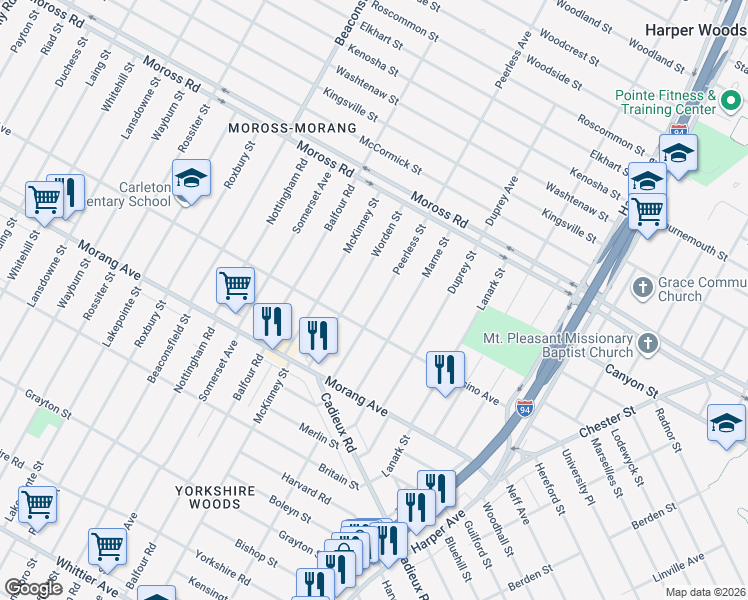 map of restaurants, bars, coffee shops, grocery stores, and more near 10861 Peerless Street in Detroit