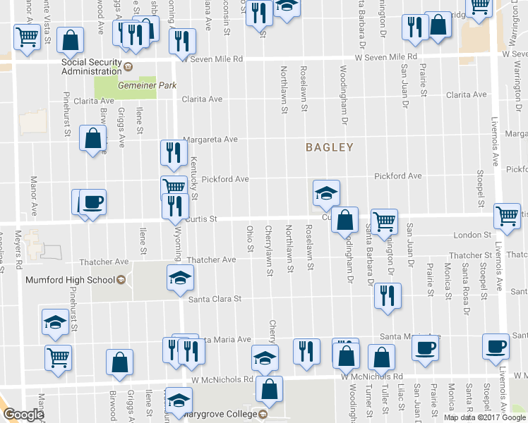 map of restaurants, bars, coffee shops, grocery stores, and more near 18213 Cherrylawn Street in Detroit