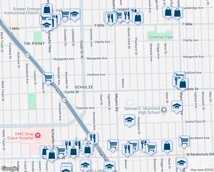 map of restaurants, bars, coffee shops, grocery stores, and more near 18233 Appoline Street in Detroit