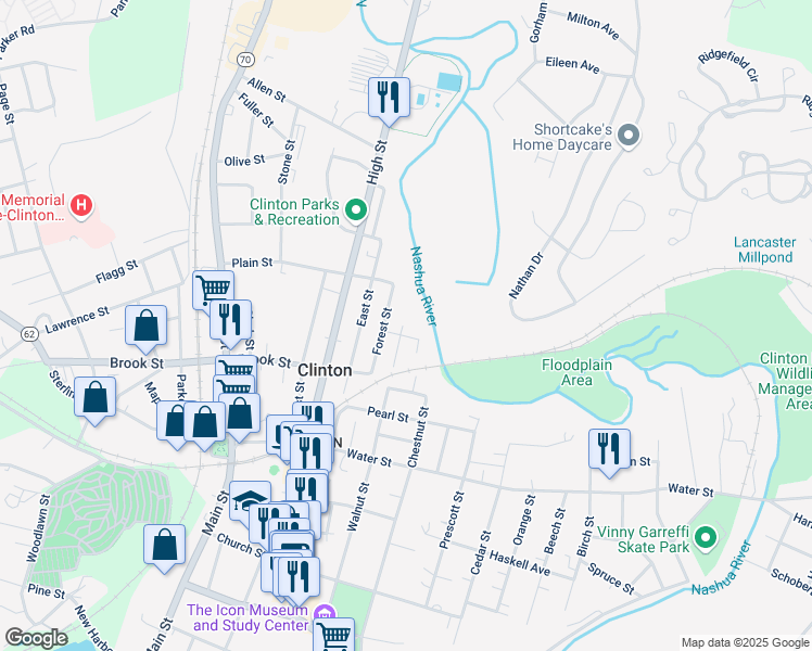 map of restaurants, bars, coffee shops, grocery stores, and more near 39 Walnut Street in Clinton