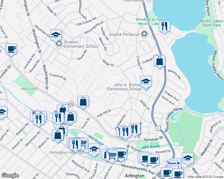 map of restaurants, bars, coffee shops, grocery stores, and more near 64 Woodside Lane in Arlington