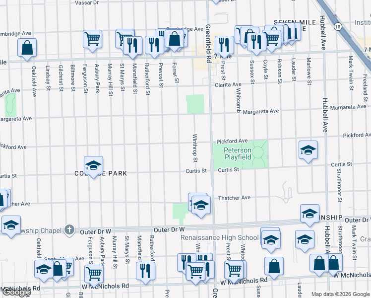 map of restaurants, bars, coffee shops, grocery stores, and more near 18296 Forrer Street in Detroit