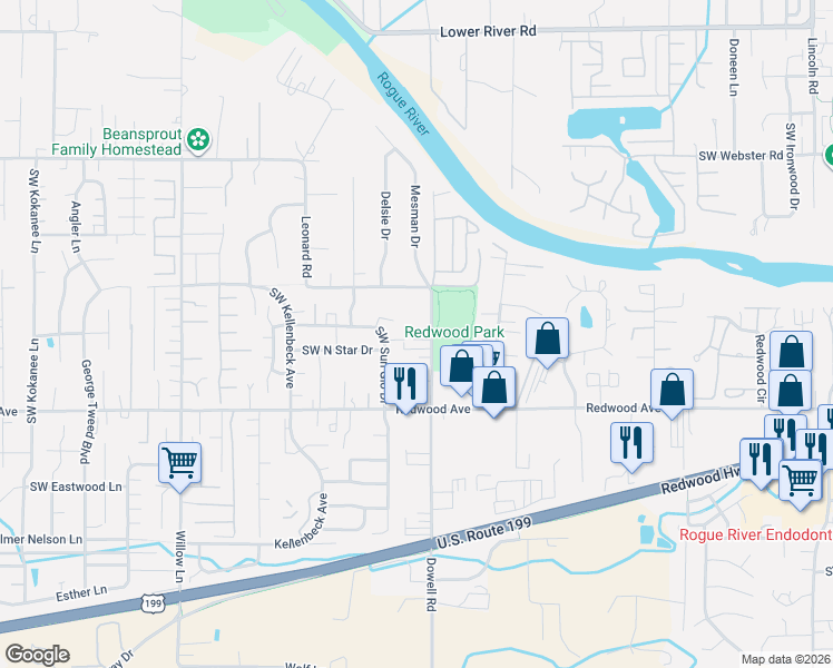 map of restaurants, bars, coffee shops, grocery stores, and more near 1380 Dowell Road in Grants Pass