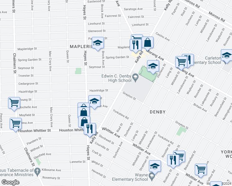 map of restaurants, bars, coffee shops, grocery stores, and more near 12745 Kelly Road in Detroit