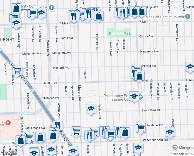 map of restaurants, bars, coffee shops, grocery stores, and more near 18227 Pinehurst Street in Detroit