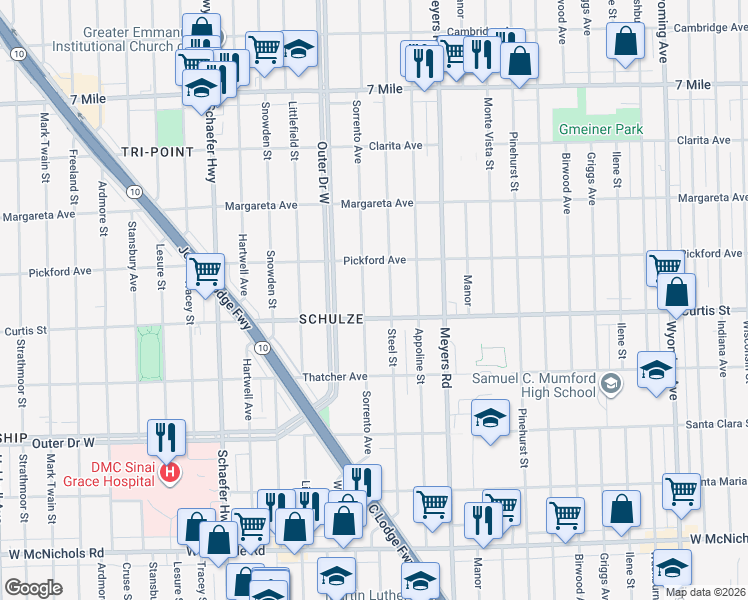 map of restaurants, bars, coffee shops, grocery stores, and more near 18236 Sorrento Avenue in Detroit