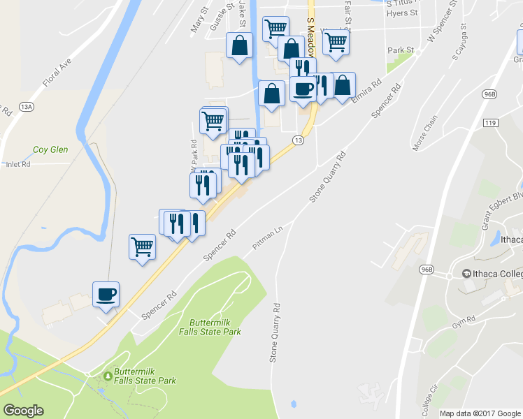 map of restaurants, bars, coffee shops, grocery stores, and more near 545 Spencer Road in Ithaca