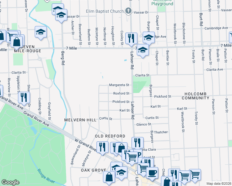 map of restaurants, bars, coffee shops, grocery stores, and more near 22131 Roxford St in Detroit