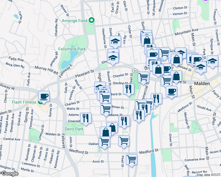 map of restaurants, bars, coffee shops, grocery stores, and more near 62 Russell Street in Malden
