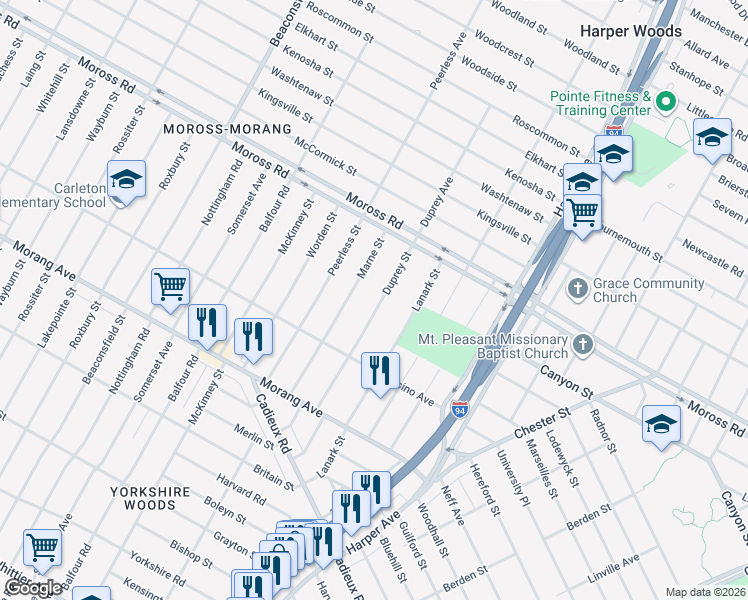 map of restaurants, bars, coffee shops, grocery stores, and more near 10737 Duprey Street in Detroit