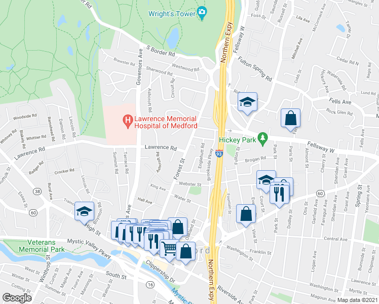map of restaurants, bars, coffee shops, grocery stores, and more near 163 Forest Street in Medford