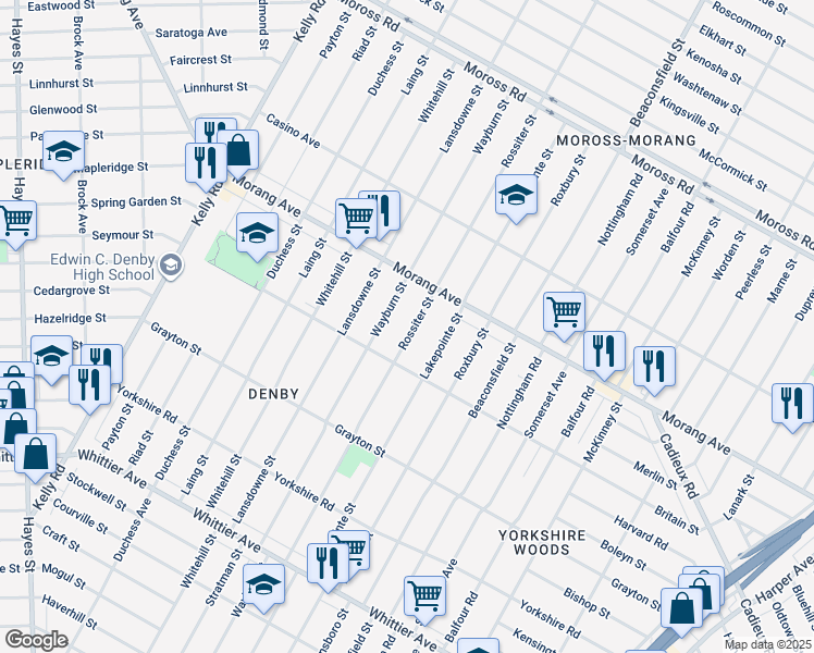 map of restaurants, bars, coffee shops, grocery stores, and more near 11573 Rossiter Street in Detroit