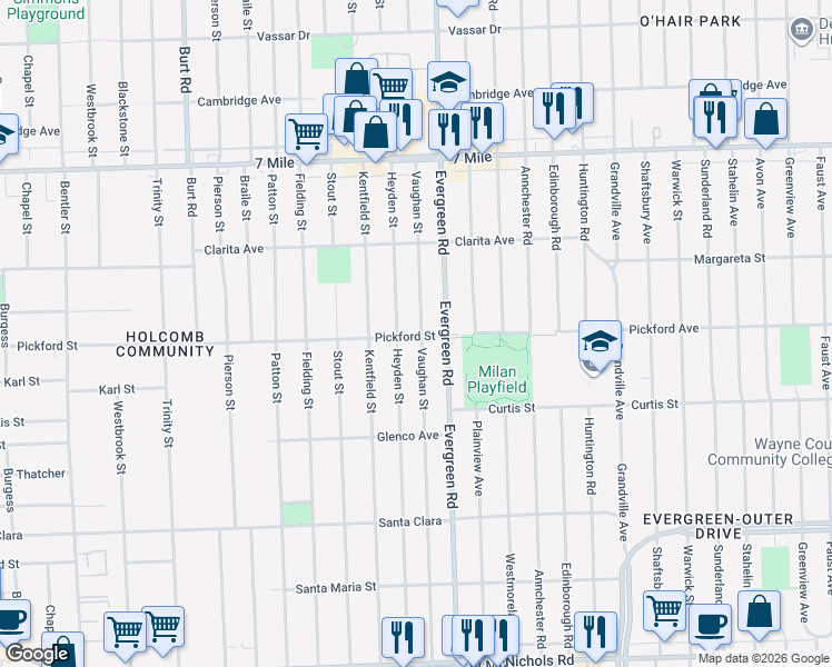 map of restaurants, bars, coffee shops, grocery stores, and more near 18401 Vaughan Street in Detroit