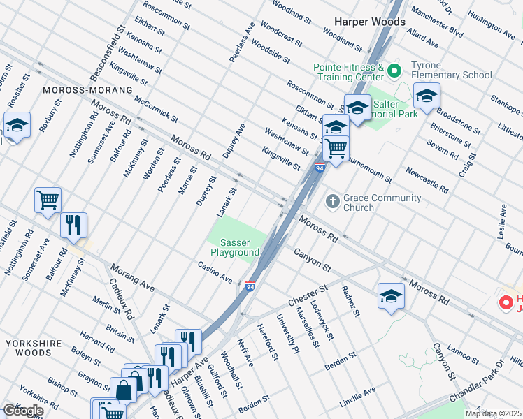map of restaurants, bars, coffee shops, grocery stores, and more near 9797 Camley Street in Detroit