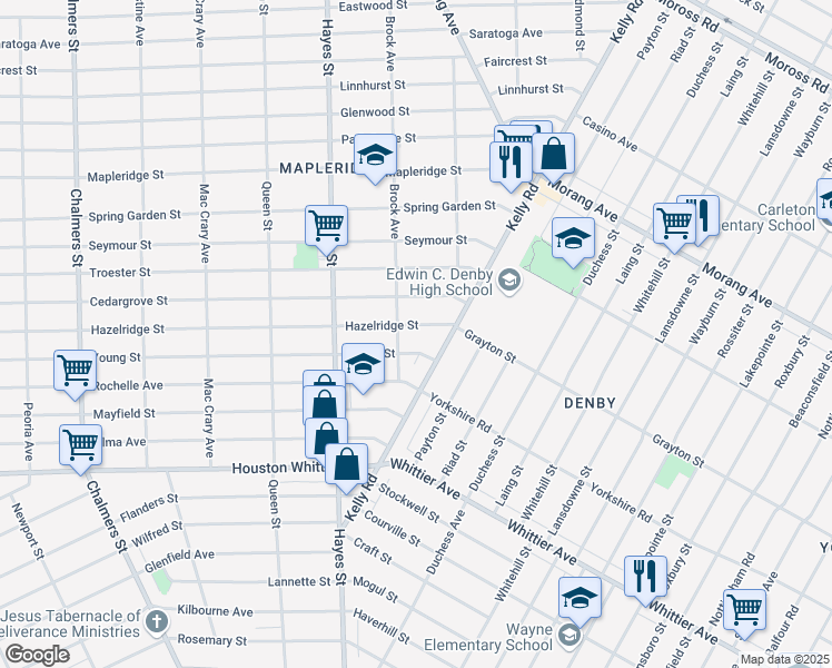 map of restaurants, bars, coffee shops, grocery stores, and more near 15428 Hazelridge Street in Detroit