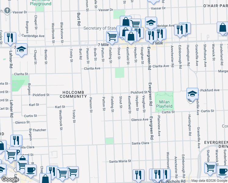 map of restaurants, bars, coffee shops, grocery stores, and more near 18408 Fielding Street in Detroit