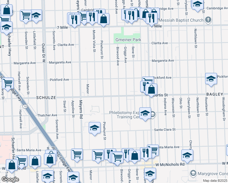 map of restaurants, bars, coffee shops, grocery stores, and more near 18226 Mendota Street in Detroit