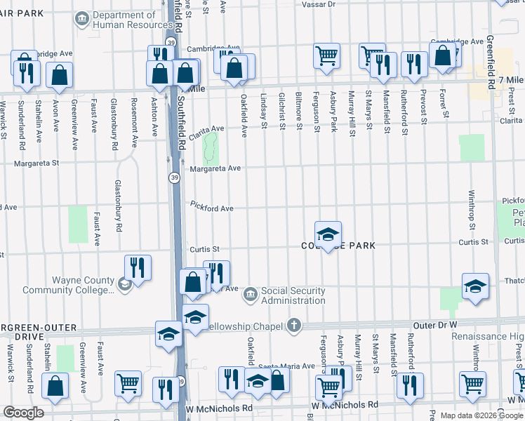 map of restaurants, bars, coffee shops, grocery stores, and more near 18313 Lindsay Street in Detroit
