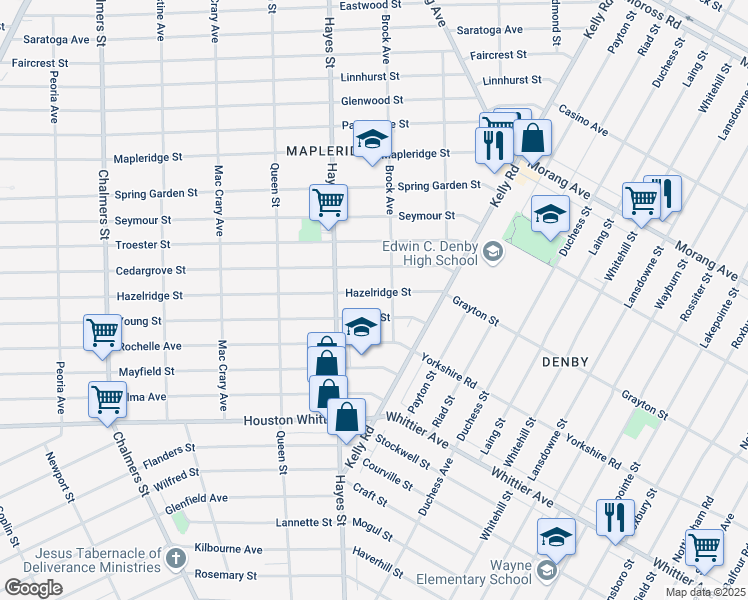 map of restaurants, bars, coffee shops, grocery stores, and more near 15276 Hazelridge Street in Detroit