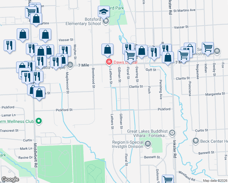 map of restaurants, bars, coffee shops, grocery stores, and more near 18741 Lathers Street in Livonia