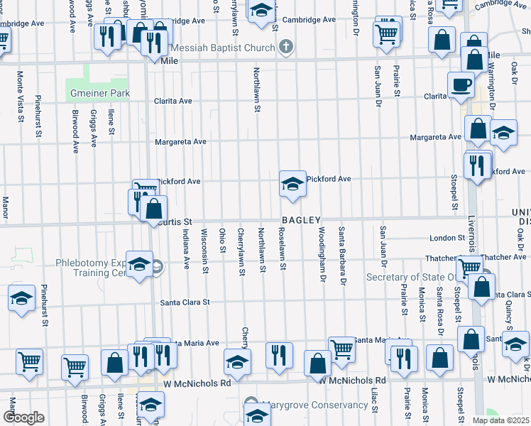 map of restaurants, bars, coffee shops, grocery stores, and more near 18212 Northlawn Street in Detroit