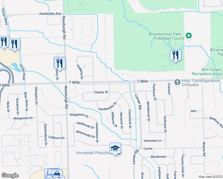 map of restaurants, bars, coffee shops, grocery stores, and more near 36730 Clarita St in Livonia