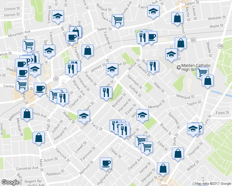map of restaurants, bars, coffee shops, grocery stores, and more near 333 Cross St in Malden