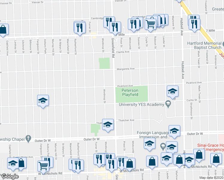 map of restaurants, bars, coffee shops, grocery stores, and more near 18297 Greenfield Road in Detroit
