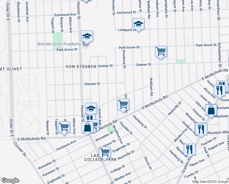 map of restaurants, bars, coffee shops, grocery stores, and more near 17345 Dresden Street in Detroit