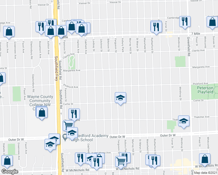 map of restaurants, bars, coffee shops, grocery stores, and more near 18313 Biltmore Street in Detroit