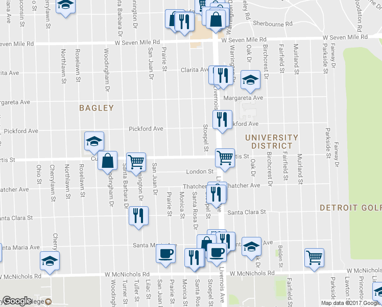 map of restaurants, bars, coffee shops, grocery stores, and more near 18211 Santa Rosa Drive in Detroit