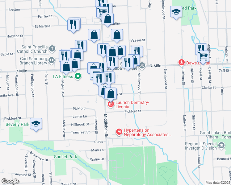 map of restaurants, bars, coffee shops, grocery stores, and more near 29218 Clarita Street in Livonia