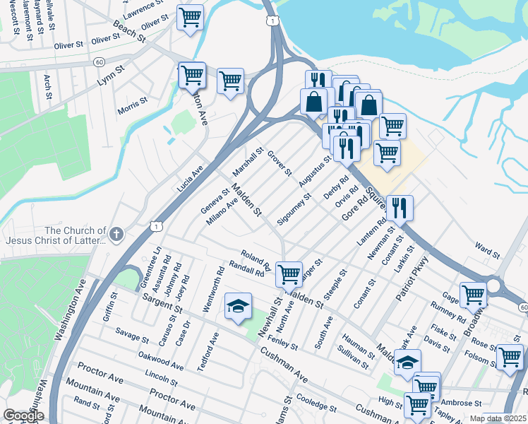 map of restaurants, bars, coffee shops, grocery stores, and more near 440 Malden Street in Revere