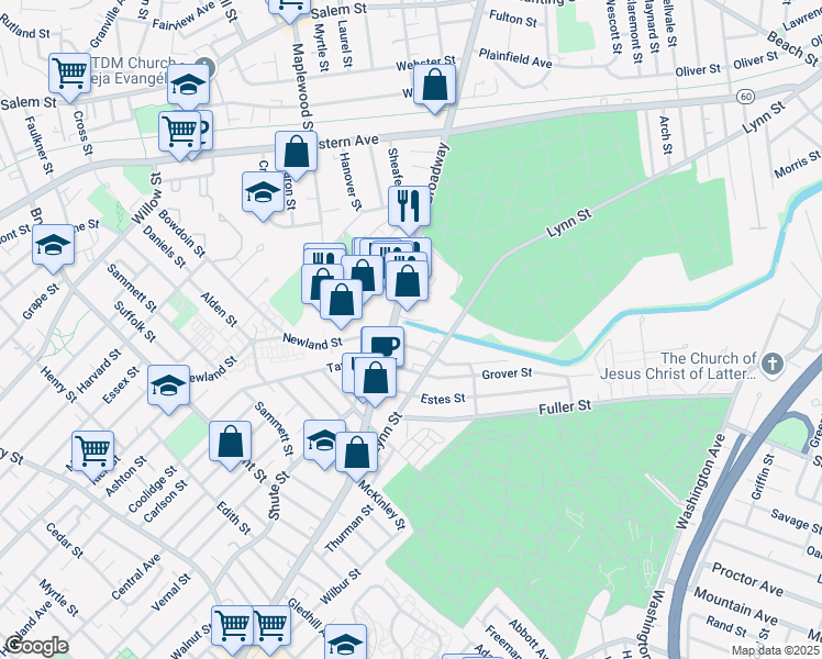map of restaurants, bars, coffee shops, grocery stores, and more near 39 Broadway in Malden