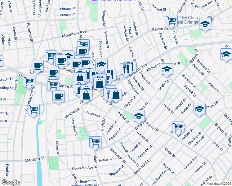 map of restaurants, bars, coffee shops, grocery stores, and more near 21 Wyeth Street in Malden